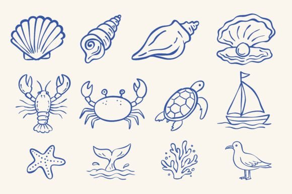 Download Hand Drawn Sea Life Doodle Set Design - Set Collection